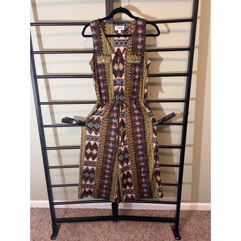 SOHO Apparel Jumpsuit Sleeveless Capri Boho Print With Pockets Womens Size S NWT